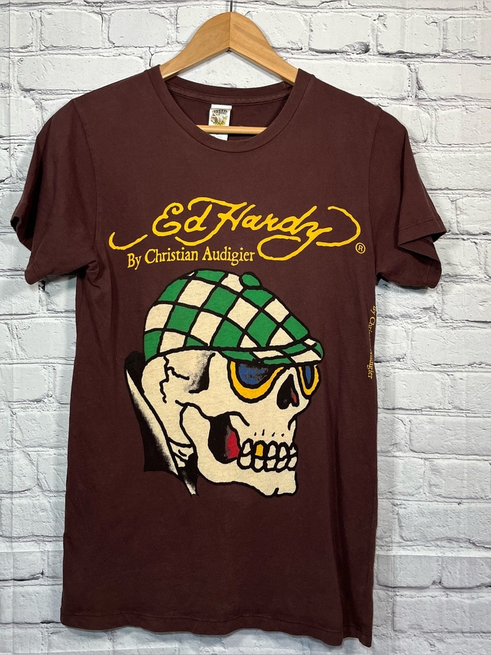 Vintage Ed Hardy Skull Graphic T-Shirt Mens Small Brown Check Flat Cap Y2K